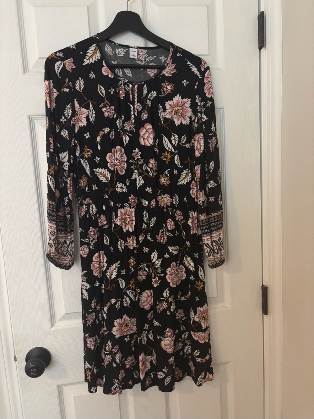 Old Navy Black Long Sleeve Floral Dress with Pink Blooms